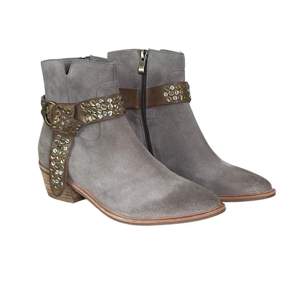 Antelope Gray Suede Western Ankle Boots Studded Harness EU 37 US 6-6.5